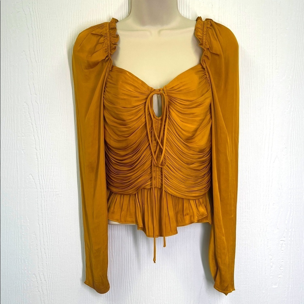 House Of Harlow 1960 - Gold Ruched Keyhole Tie Long Sleeve Blouse Size Small